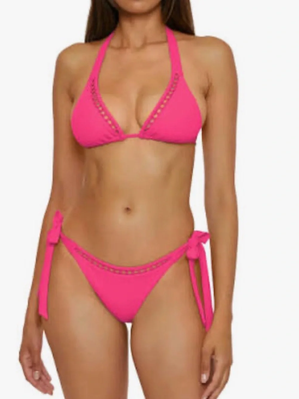 BECCA Neon Hot Pink Crochet-Trim Triangle Bikini -top and bottom - Picture 2 of 3
